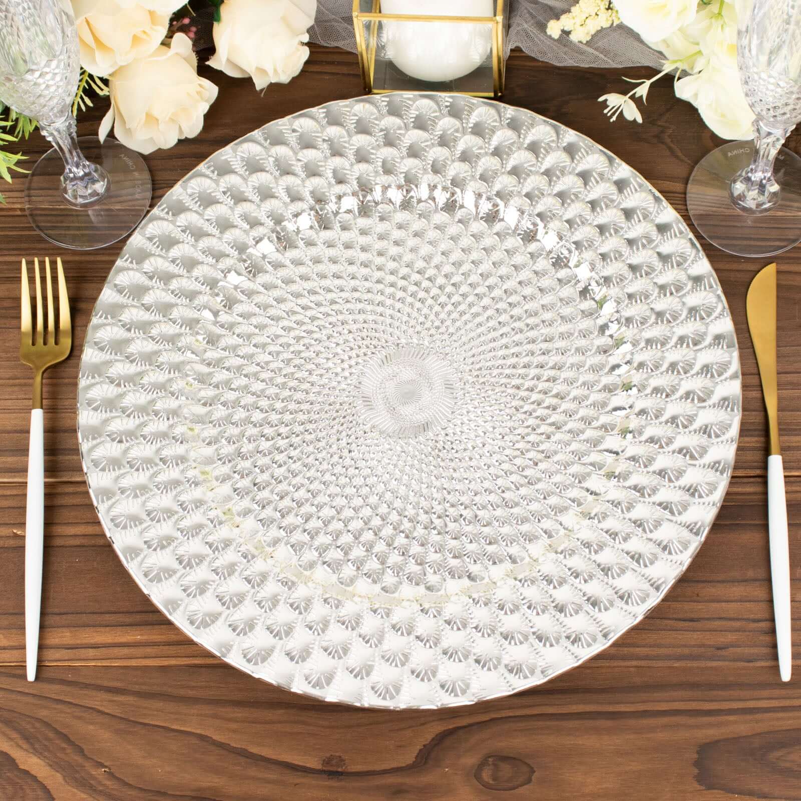 6-Pack Plastic Round Charger Plates 13" in Silver with Peacock Pattern, Exquisite Decorative Dinner Party Charger Tableware