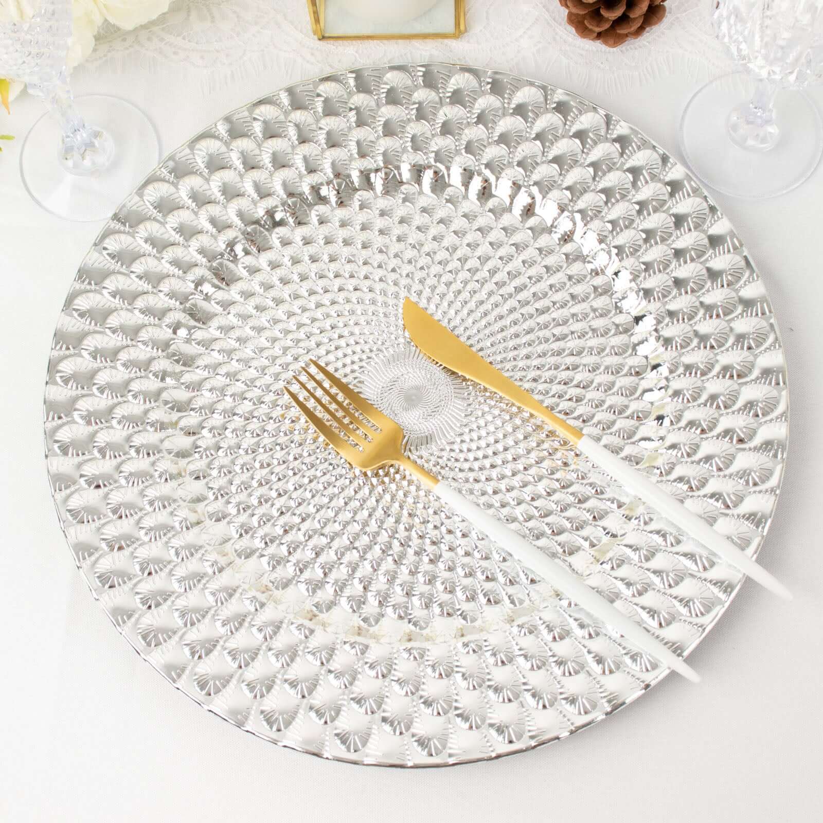 6-Pack Plastic Round Charger Plates 13" in Silver with Peacock Pattern, Exquisite Decorative Dinner Party Charger Tableware