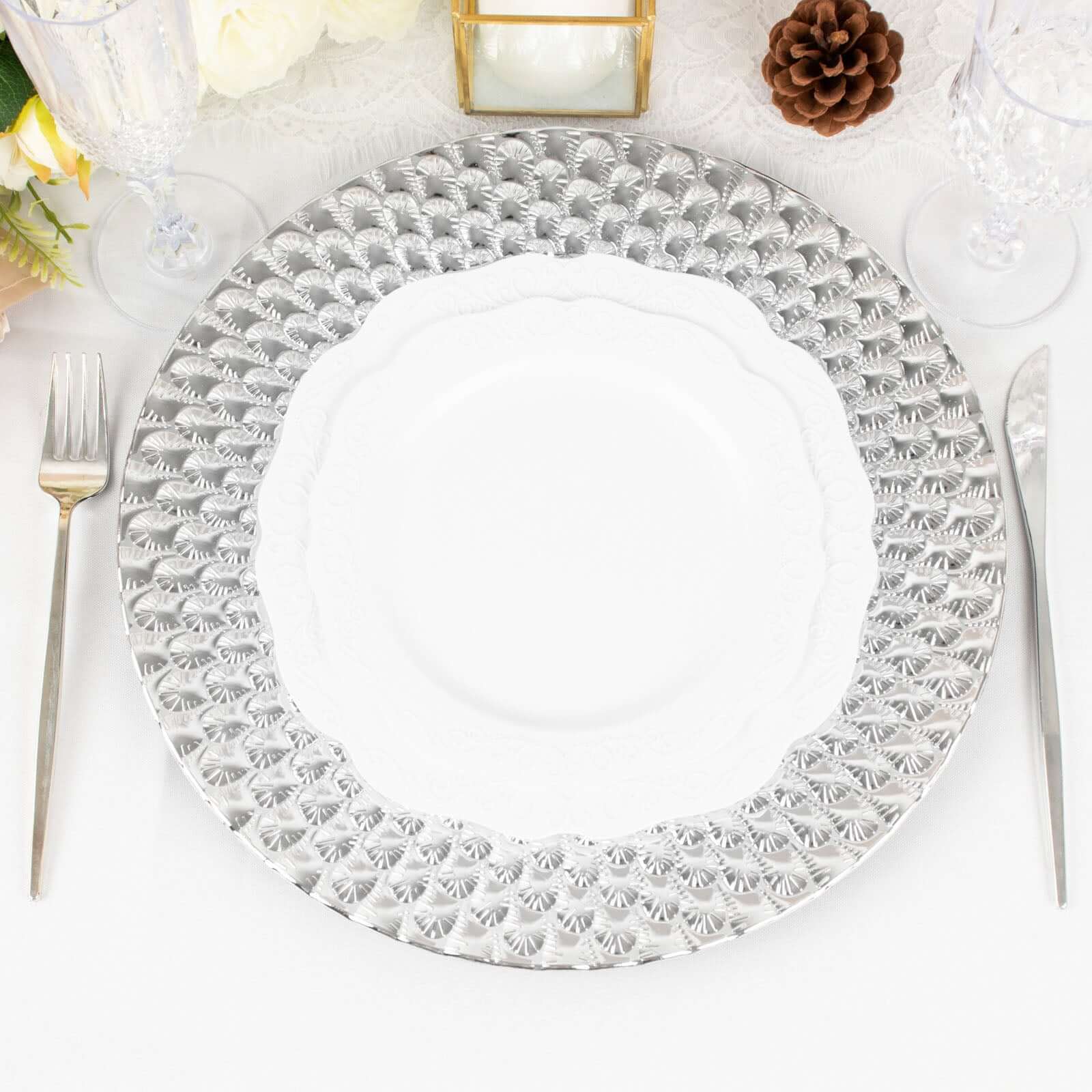 6-Pack Plastic Round Charger Plates 13" in Silver with Peacock Pattern, Exquisite Decorative Dinner Party Charger Tableware