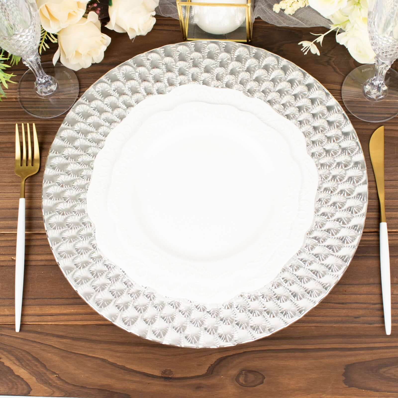 6-Pack Plastic Round Charger Plates 13" in Silver with Peacock Pattern, Exquisite Decorative Dinner Party Charger Tableware