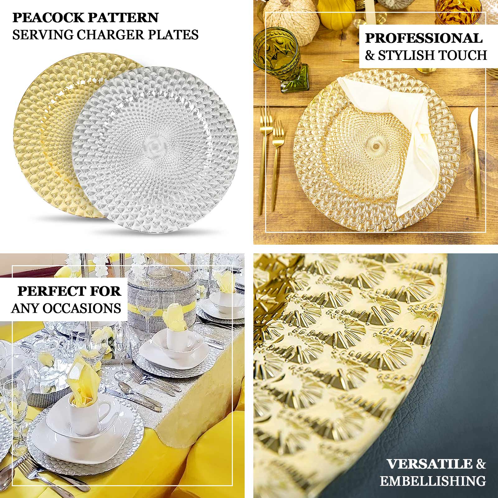 6-Pack Plastic Round Charger Plates 13" in Silver with Peacock Pattern, Exquisite Decorative Dinner Party Charger Tableware